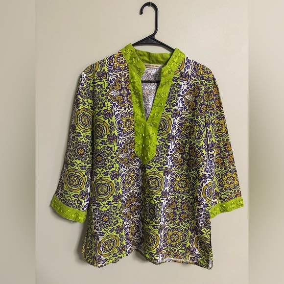 Ecologie Womens Green Purple  V-Neck 100% Linen Tunic Size Large 3/4 Sleeves - Picture 1 of 7